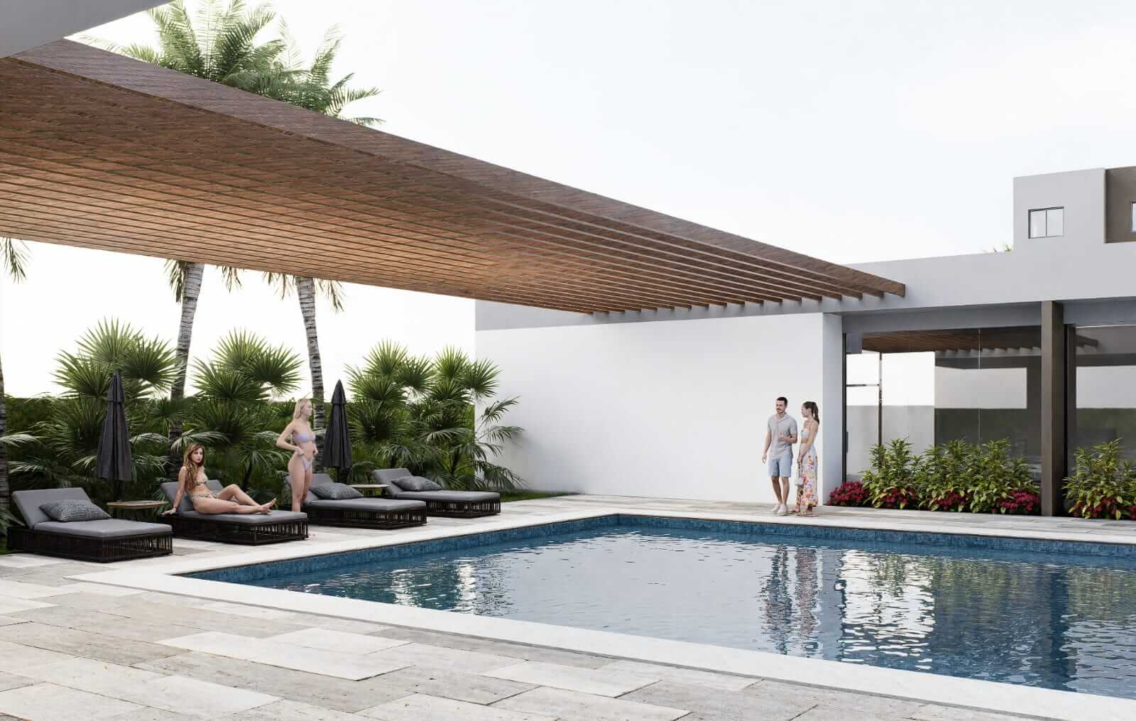 Piscina con pergola de madera área social apartamentos Santiago RD