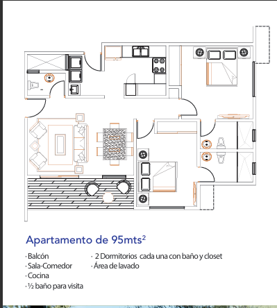 Planta arquitectónica apartamento 95 m2 La Matilde Santiago