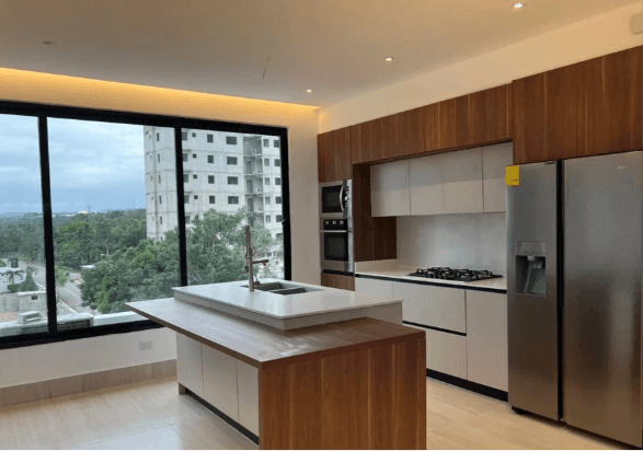 Cocina, tope en cuarzo natural, Torre en Urbanización Thomen, Santiago